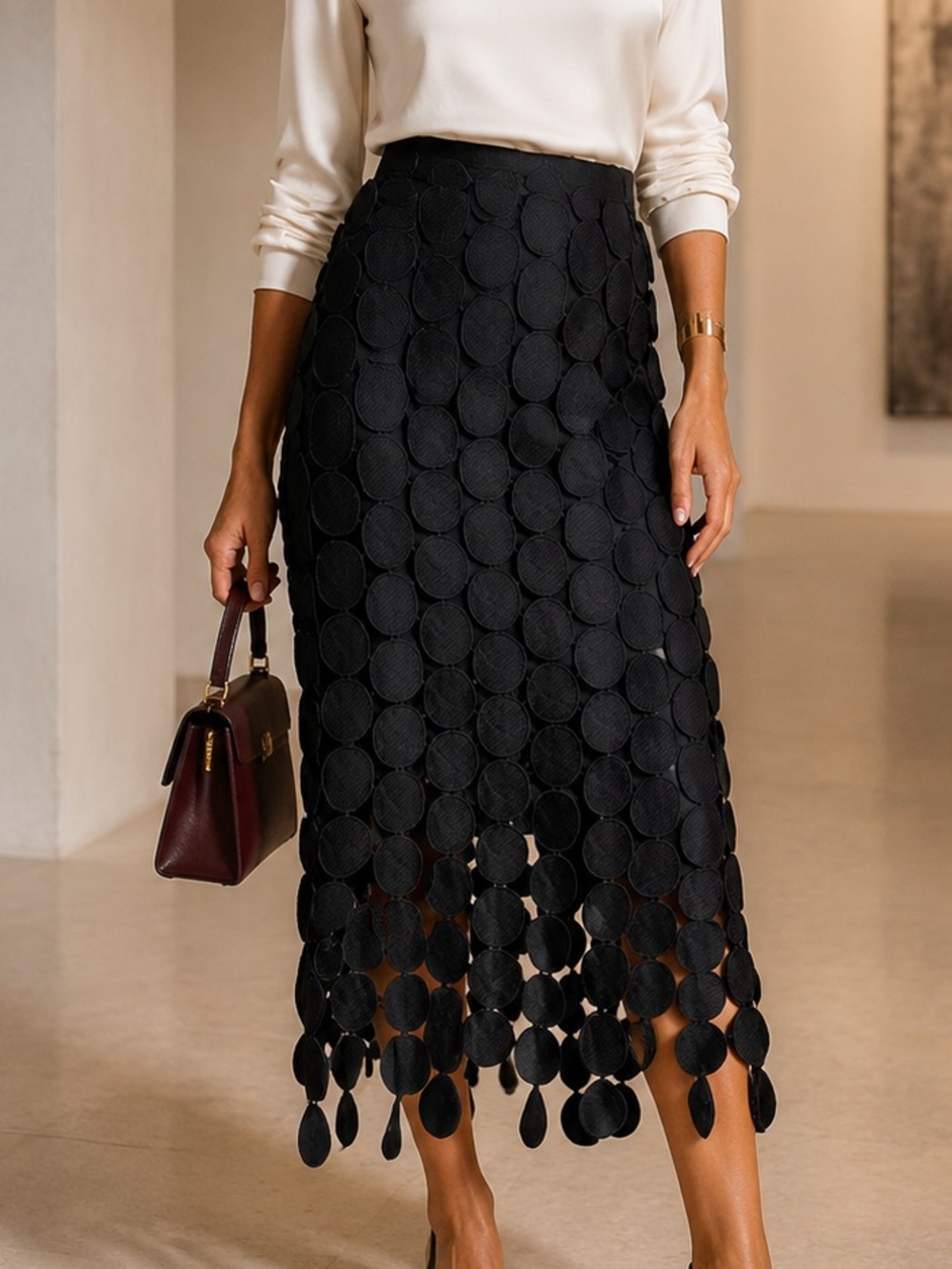 Commense Laser Cut Multi Circle Black Fringe Midi Skirt Avant Garde Elegant Bold